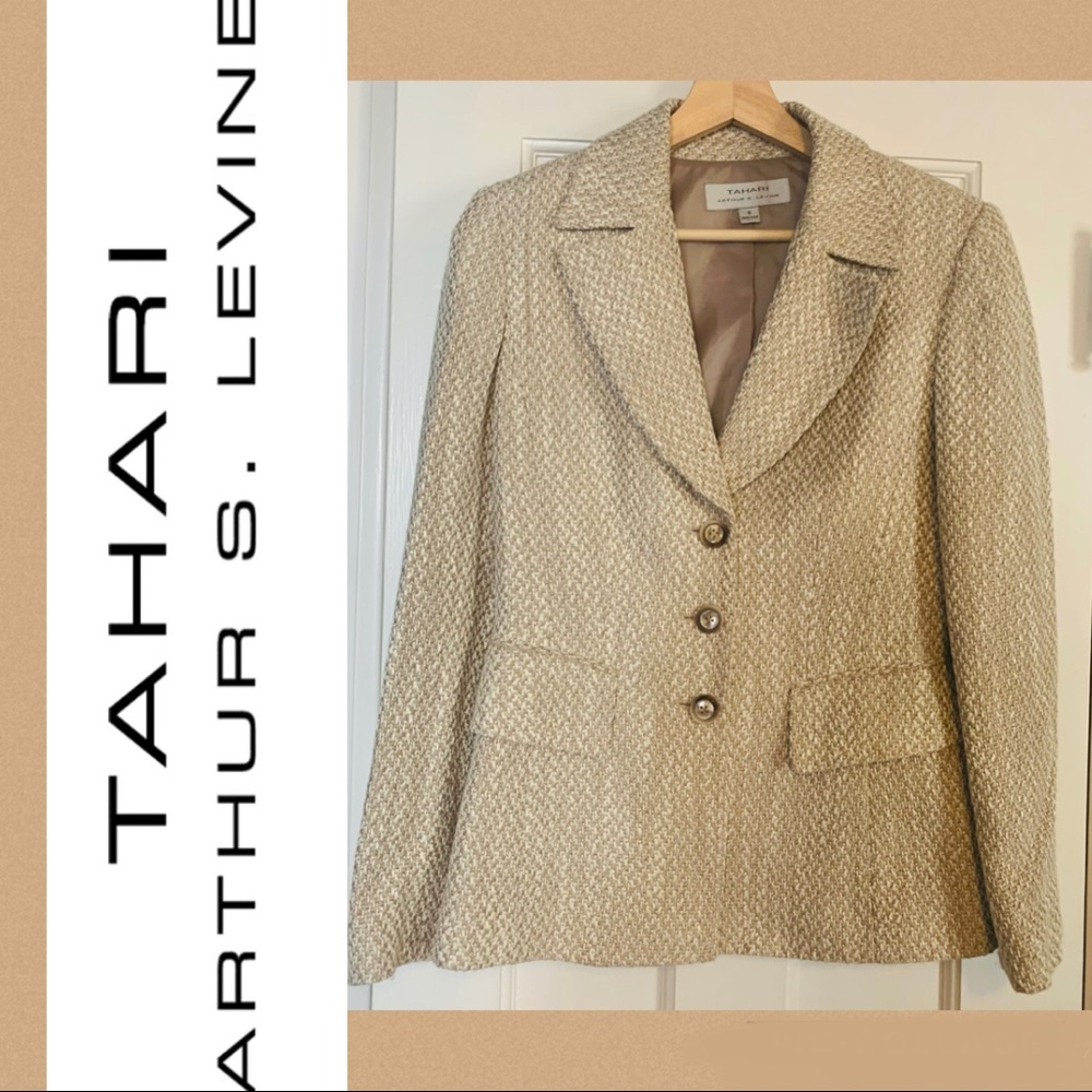 Tahari Arthur S. Levine Tan and Cream Tweed Blazer